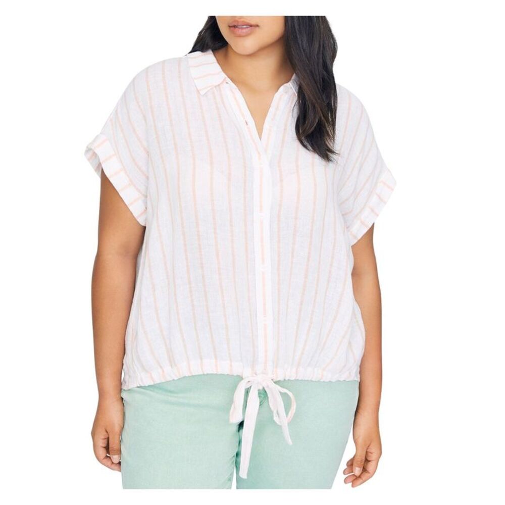 SANCTUARY Womens Ivory Striped Short Sleeve Collared Button Up Top Plus 2X - Picture 1 of 2